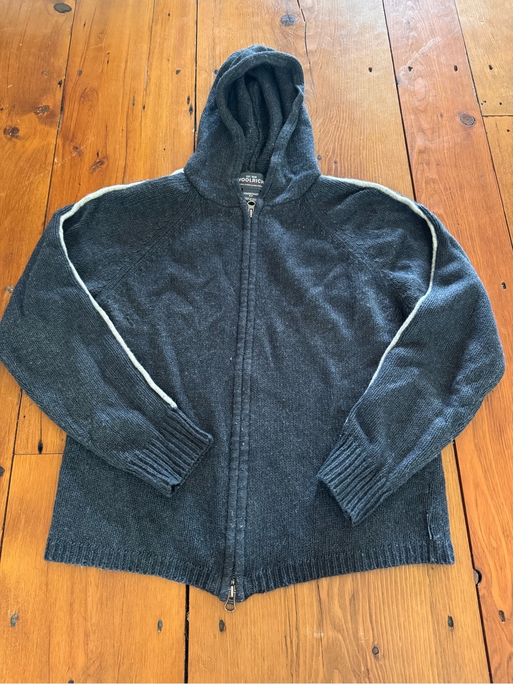 Vintage Woolrich Women’s Dark Charcoal Zip Hoodie with White Piping